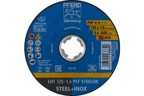 Ściernica tarczowa do cięcia EHT 125 × 1,6 mm X-LOCK prosta linia uniwersalna PSF STEELOX do stali/stali szlachetnej