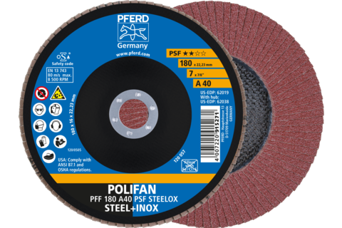 Ściernica listkowa POLIFAN PFF 180 × 22,23 mm płaska A40 linia uniwersalna PSF STEELOX stal/stal nierdzewna