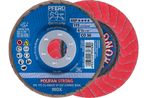 Ściernica listkowa POLIFAN STRONG PFC 115 × 22,23 mm stożkowa CO-FREEZE 50 SGP INOX do stali nierdzewnej