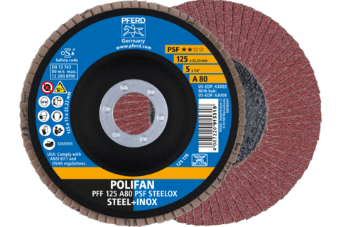 Ściernica listkowa POLIFAN PFF 125 × 22,23 mm płaska A80 linia uniwersalna PSF STEELOX stal/stal nierdzewna
