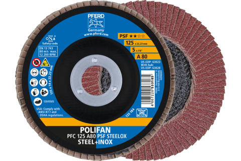 Ściernica listkowa POLIFAN PFC 125 × 22,23 mm stożkowa A80 linia uniwersalna PSF STEELOX stal/stal nierdzewna