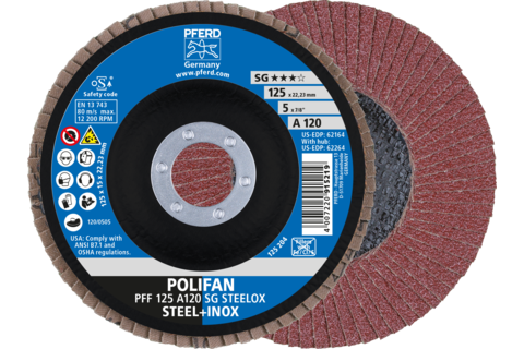 Ściernica listkowa POLIFAN PFF 125 × 22,23 mm płaska A120 linia uniwersalna PSF STEELOX stal/stal nierdzewna