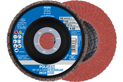 Ściernica listkowa POLIFAN PFF 115 × 22,23 mm płaska A-COOL 80 SG INOX+ALU stal nierdzewna/aluminium
