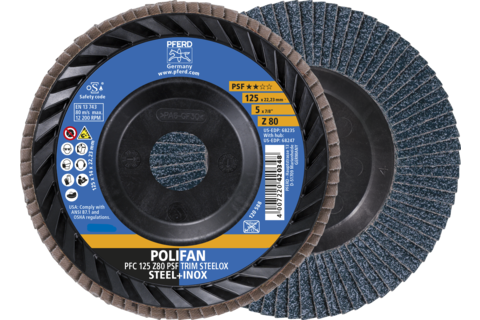 Ściernica listkowa POLIFAN PFC 125 x 22,23 mm stożkowa Z80 linia uniwersalna PSF TRIM STEELOX do stali/stali szlachetnej