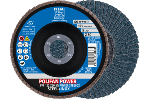 Ściernica listkowa POLIFAN POWER PFF 125 x 22,23 mm płaska Z50 linia wydajna SG STEELOX do stali/stali szlachetnej