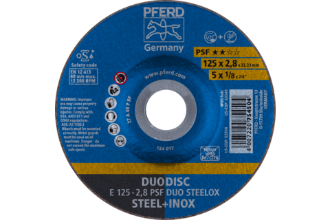 DUODISC Cięcie/szlifowanie E 125 × 2,8 × 22,23 mm kratka Uni.-Linie PSF DUO STEELOX do stali/stali nierdzewnej