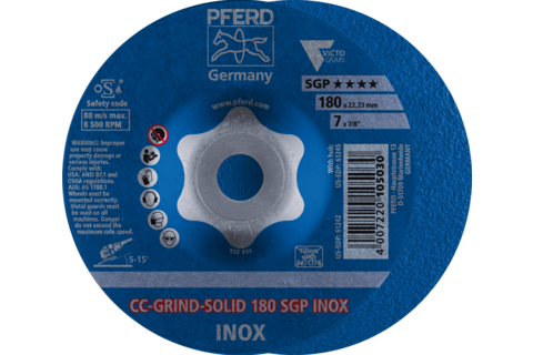 Ściernica tarczowa CC-GRIND-SOLID 180 × 22,23 mm COARSE linia specjalna SGP INOX do stali szlachetnej