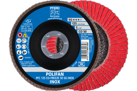Ściernica listkowa POLIFAN PFC 125 × 22,23 mm stożkowa CO-FREEZE 50 SG INOX stal nierdzewna