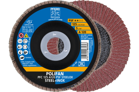 Ściernica listkowa POLIFAN PFC 125 × 22,23 mm stożkowa A120 linia uniwersalna PSF STEELOX stal/stal nierdzewna