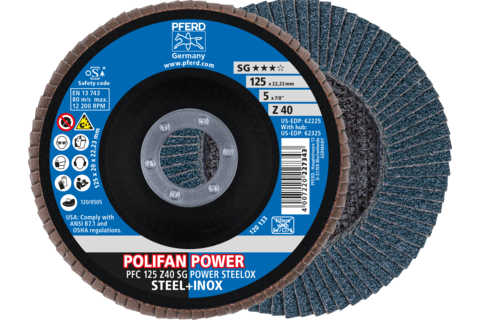 Ściernica listkowa POLIFAN POWER PFC 125 × 22,23 mm stożkowa Z40 SG STEELOX stal/stal nierdzewna