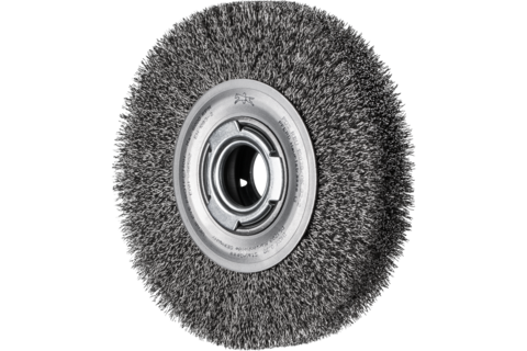 Szczotka tarczowa szeroka niepleciona RBU Ø180 × 38x różne otwory drut ze stali nierdzewnej Ø0,30 szlifierka stacjonarna