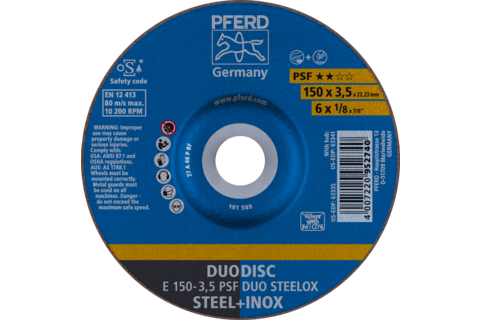 DUODISC Cięcie/szlifowanie E 150 × 3,5 × 22,23 mm kratka Uni.-Linie PSF DUO STEELOX do stali/stali nierdzewnej