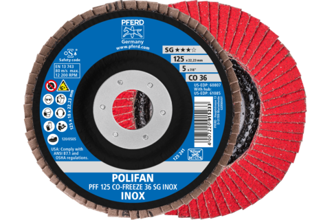 Ściernica listkowa POLIFAN PFF 125 × 22,23 mm płaska CO-FREEZE 36 linia wydajna SG INOX stal nierdzewna