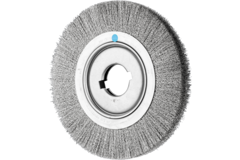 Szczotka tarczowa szeroka niepleciona RBU Ø250 × 30x różne otwory drut ze stali nierdzewnej Ø0,30 szlifierka stacjonarna