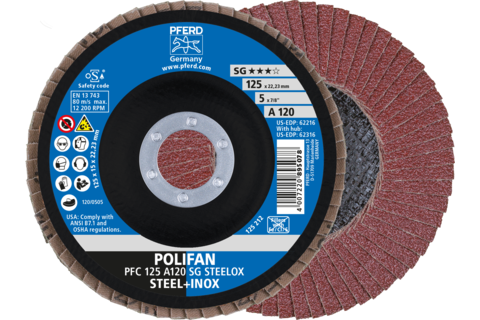 Ściernica listkowa POLIFAN PFC 125 × 22,23 mm stożkowa A120 SG STEELOX stal/stal nierdzewna