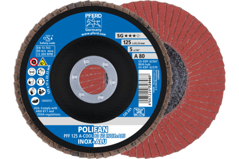 Ściernica listkowa POLIFAN PFF 125 × 22,23 mm płaska A-COOL 80 SG INOX+ALU stal nierdzewna/aluminium