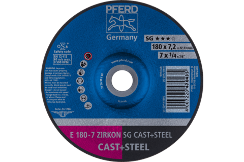 Ściernica tarczowa do zdzierania E 180 × 7,2 × 22,23 mm ZIRKON linia wydajna SG CAST+STEEL do żeliwa/stali