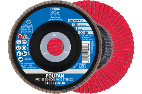 Ściernica listkowa POLIFAN PFC 125 × 22,23 mm stożkowa CO-COOL 40 SG STEELOX stal/stal nierdzewna