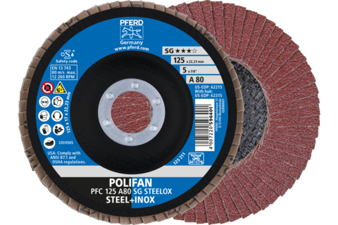Ściernica listkowa POLIFAN PFC 125 × 22,23 mm stożkowa A80 SG STEELOX stal/stal nierdzewna