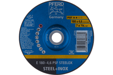 Ściernica tarczowa do zdzierania E 180 × 4,6 × 22,23 mm linia uniwersalna PSF STEELOX do stali/stali nierdzewnej