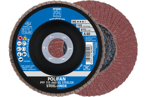 Ściernica listkowa POLIFAN PFF 115 × 22,23 mm płaska A60 linia wydajna SG STEELOX stal/stal nierdzewna