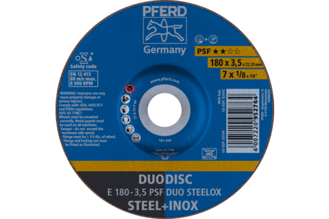 DUODISC Cięcie/szlifowanie E 180 × 3,5 × 22,23 mm kratka Uni.-Linie PSF DUO STEELOX do stali/stali nierdzewnej