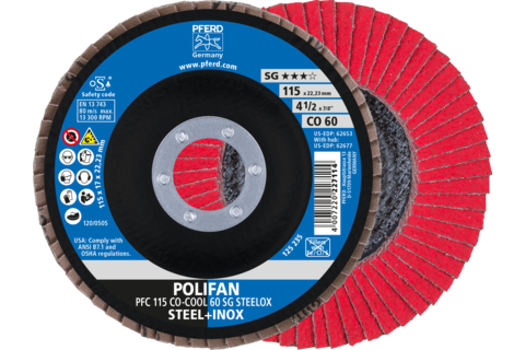 Ściernica listkowa POLIFAN PFC 115 × 22,23 mm stożkowa CO-COOL 60 SG STEELOX stal/stal nierdzewna