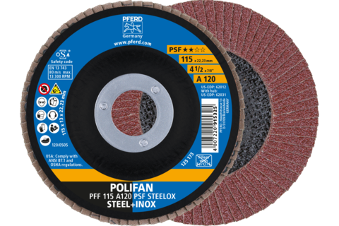 Ściernica listkowa POLIFAN PFF 115 × 22,23 mm płaska A120 linia uniwersalna PSF STEELOX stal/stal nierdzewna