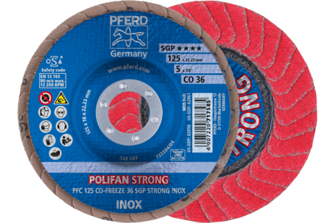 Ściernica listkowa POLIFAN STRONG PFC 125 × 22,23 mm stożkowa CO-FREEZE 36 SGP INOX do stali nierdzewnej