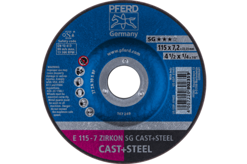 Ściernica tarczowa do zdzierania E 115 × 7,2 × 22,23 mm ZIRKON linia wydajna SG CAST+STEEL do żeliwa/stali