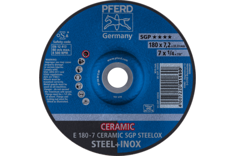 Ściernica tarczowa do zdzierania E 180 × 7,2 × 22,23 mm CERAMIC linia wydajna SG STEELOX do stali/stali nierdzewnej