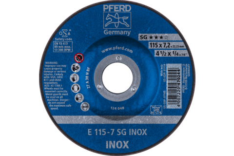 Ściernica tarczowa do zdzierania E 115 × 7,2 × 22,23 mm linia wydajna SG INOX do stali nierdzewnej