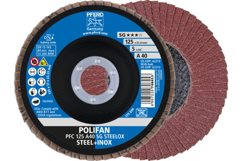 Ściernica listkowa POLIFAN PFC 125 × 22,23 mm stożkowa A40 SG STEELOX stal/stal nierdzewna