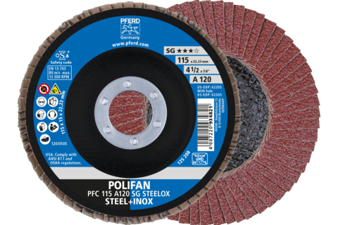 Ściernica listkowa POLIFAN PFC 115 × 22,23 mm stożkowa A120 SG STEELOX stal/stal nierdzewna