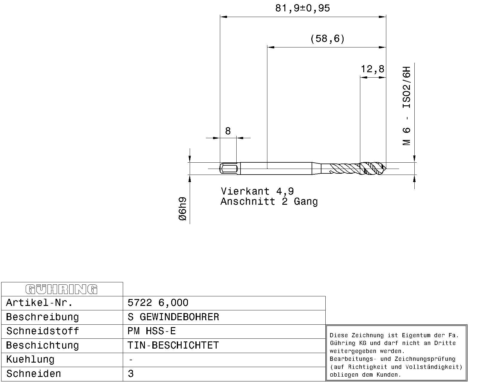 Gwintownik maszynowy M12 / ISO2/6H / DIN 371 / HSS-E-PM / TiN