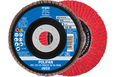 Ściernica listkowa POLIFAN PFF 125 × 22,23 mm płaska CO-FREEZE 50 linia wydajna SG INOX stal nierdzewna