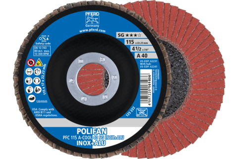 Ściernica listkowa POLIFAN PFC 115 × 22,23 mm stożkowa A-COOL 40 SG INOX+ALU stal nierdzewna/aluminium