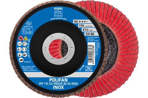 Ściernica listkowa POLIFAN PFF 115 × 22,23 mm płaska CO-FREEZE 80 linia wydajna SG INOX stal nierdzewna