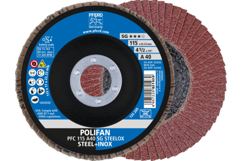 Ściernica listkowa POLIFAN PFC 115 × 22,23 mm stożkowa A40 SG STEELOX stal/stal nierdzewna