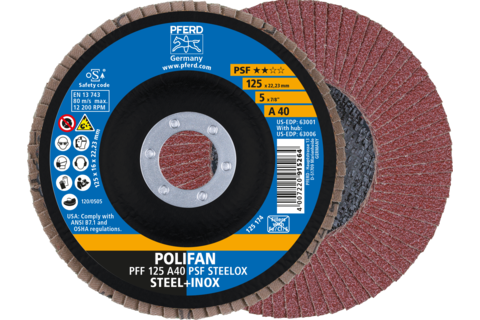 Ściernica listkowa POLIFAN PFF 125 × 22,23 mm płaska A40 linia uniwersalna PSF STEELOX stal/stal nierdzewna