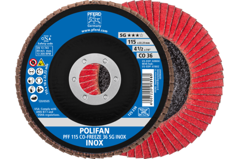 Ściernica listkowa POLIFAN PFF 115 × 22,23 mm płaska CO-FREEZE 36 linia wydajna SG INOX stal nierdzewna
