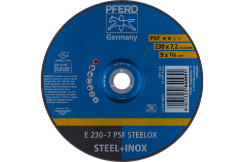 Ściernica tarczowa do zdzierania E 230 × 7,2 × 22,23 mm linia uniwersalna PSF STEELOX do stali/stali nierdzewnej