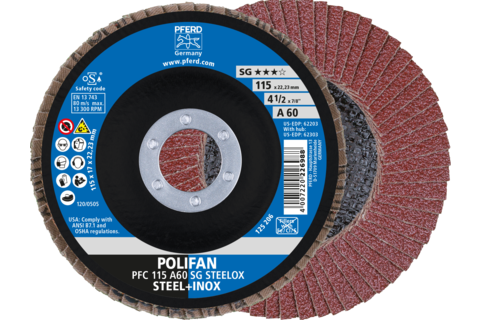 Ściernica listkowa POLIFAN PFC 115 × 22,23 mm stożkowa A60 linia uniwersalna PSF STEELOX stal/stal nierdzewna