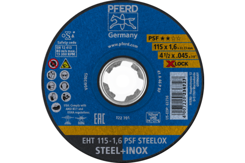 Ściernica tarczowa do cięcia EHT 115 × 1,6 mm X-LOCK prosta linia uniwersalna PSF STEELOX do stali/stali szlachetnej