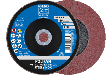 Ściernica listkowa POLIFAN PFF 180 × 22,23 mm płaska A60 linia wydajna SG STEELOX stal/stal nierdzewna