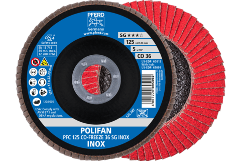 Ściernica listkowa POLIFAN PFC 125 × 22,23 mm stożkowa CO-FREEZE 36 SG INOX stal nierdzewna
