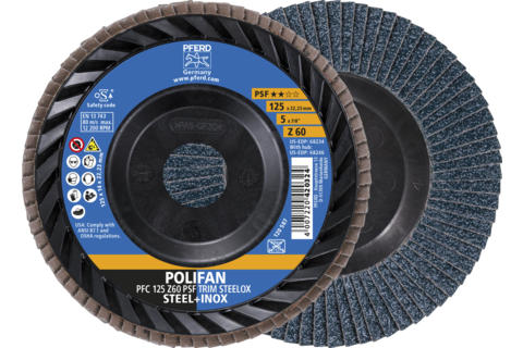 Ściernica listkowa POLIFAN PFC 125 x 22,23 mm stożkowa Z60 linia uniwersalna PSF TRIM STEELOX do stali/stali szlachetnej