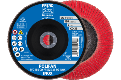 Ściernica listkowa POLIFAN PFC 180 × 22,23 mm stożkowa CO-FREEZE 36 SG INOX stal nierdzewna