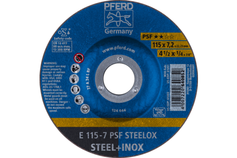 Ściernica tarczowa do zdzierania E 115 × 7,2 × 22,23 mm linia uniwersalna PSF STEELOX do stali/stali nierdzewnej
