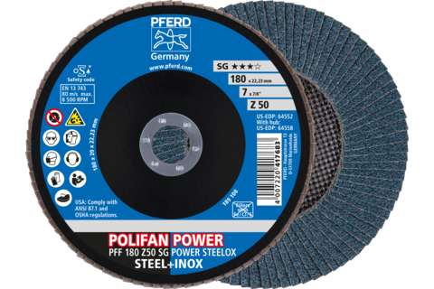 Ściernica listkowa POLIFAN POWER PFF 180 x 22,23 mm płaska Z50 linia wydajna SG STEELOX do stali/stali szlachetnej